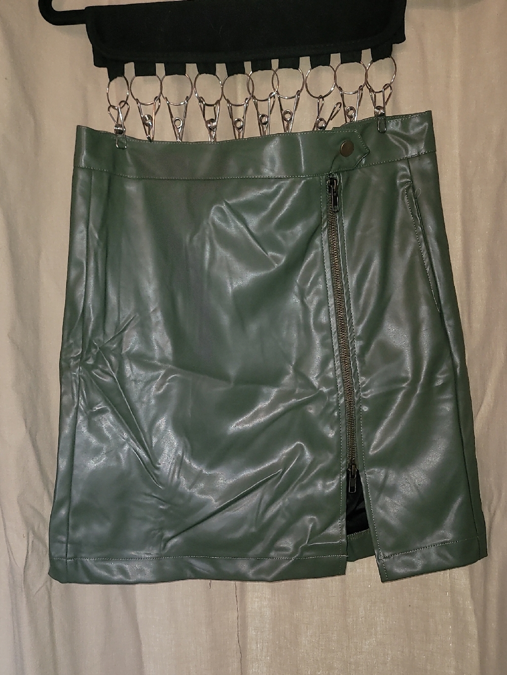 white birch Olive Green Faux Leather Mini Skirt with Side Zip